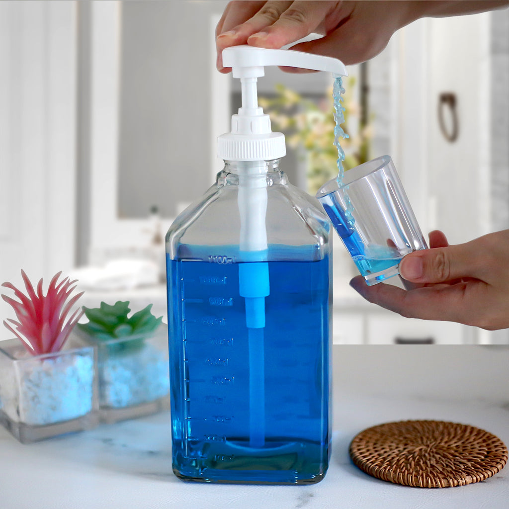 eBun 37oz Glass Mouthwash Pump Dispenser with Acrylic Cups for Bathroom - Guest Bathroom Essentials, Mouthwash Container, Mouthwash Bottle, Easy Reach Mouthwash Pump Dispenser, Mouthwash Decanter