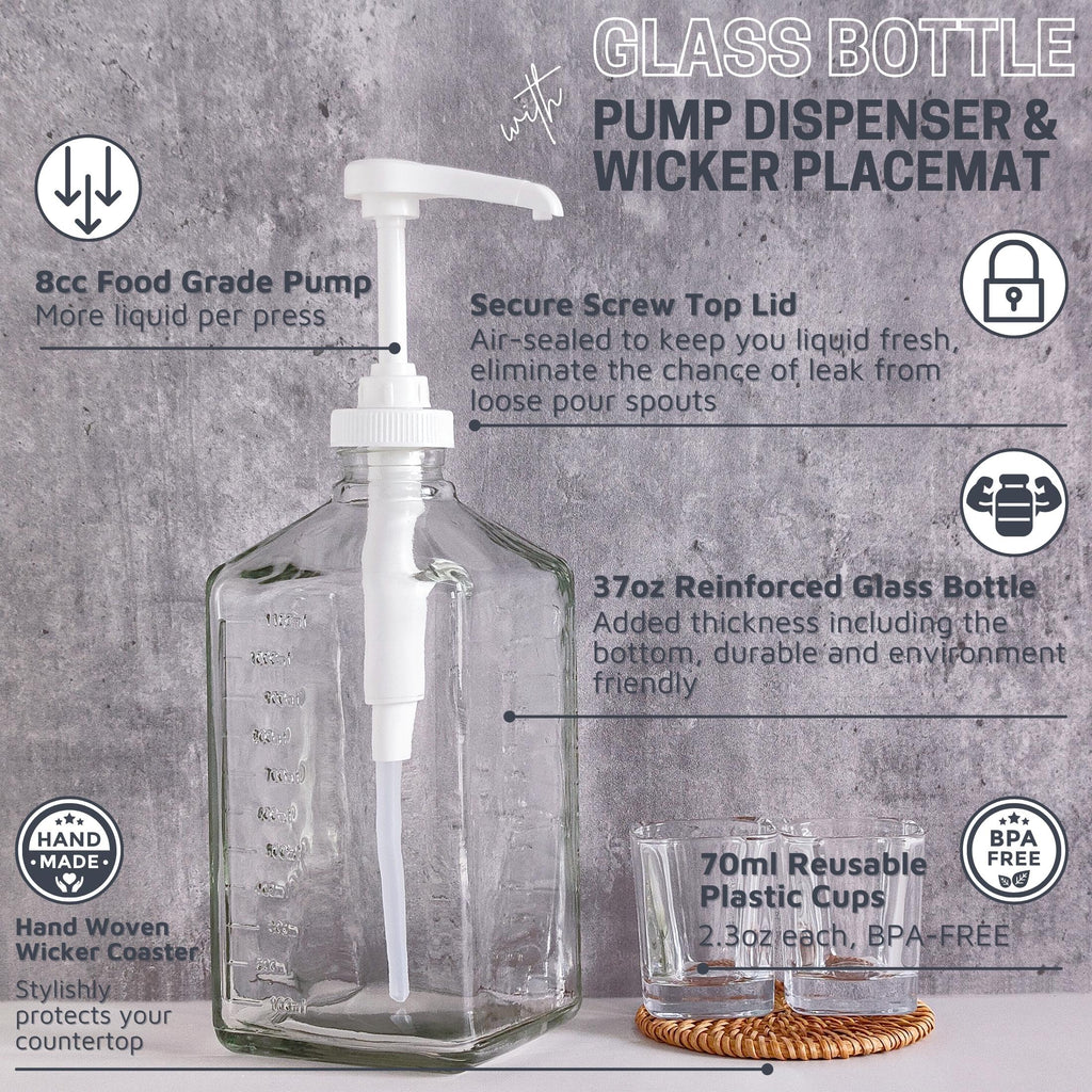 eBun 37oz Glass Mouthwash Pump Dispenser with Acrylic Cups for Bathroom - Guest Bathroom Essentials, Mouthwash Container, Mouthwash Bottle, Easy Reach Mouthwash Pump Dispenser, Mouthwash Decanter