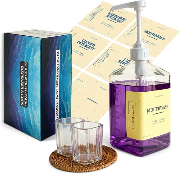 eBun White Mouthwash Dispenser Set, 37oz Glass Bottle with Pump & Cups