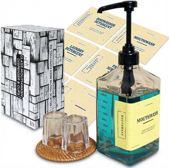 eBun Black Mouthwash Dispenser Set, 37oz Glass Bottle with Pump & Cups