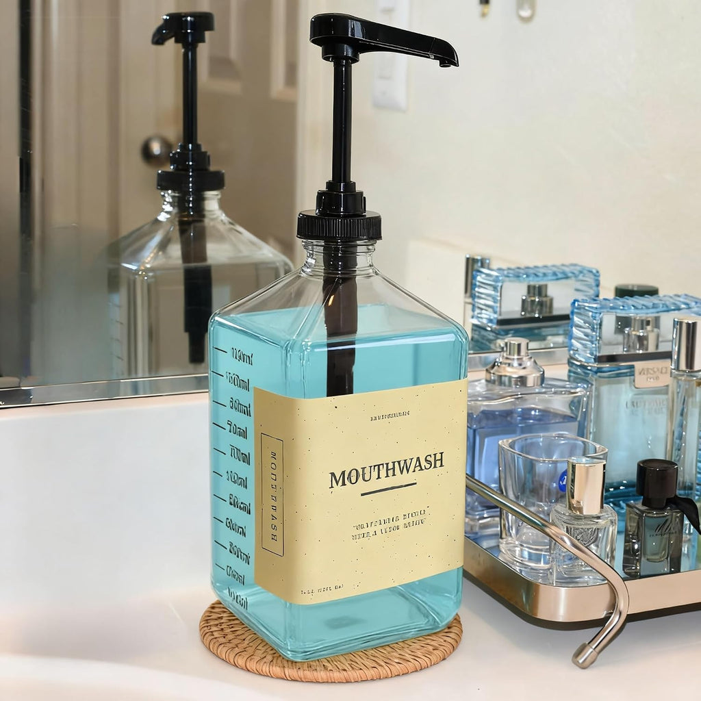 eBun Black Mouthwash Dispenser Set, 37oz Glass Bottle with Pump & Cups