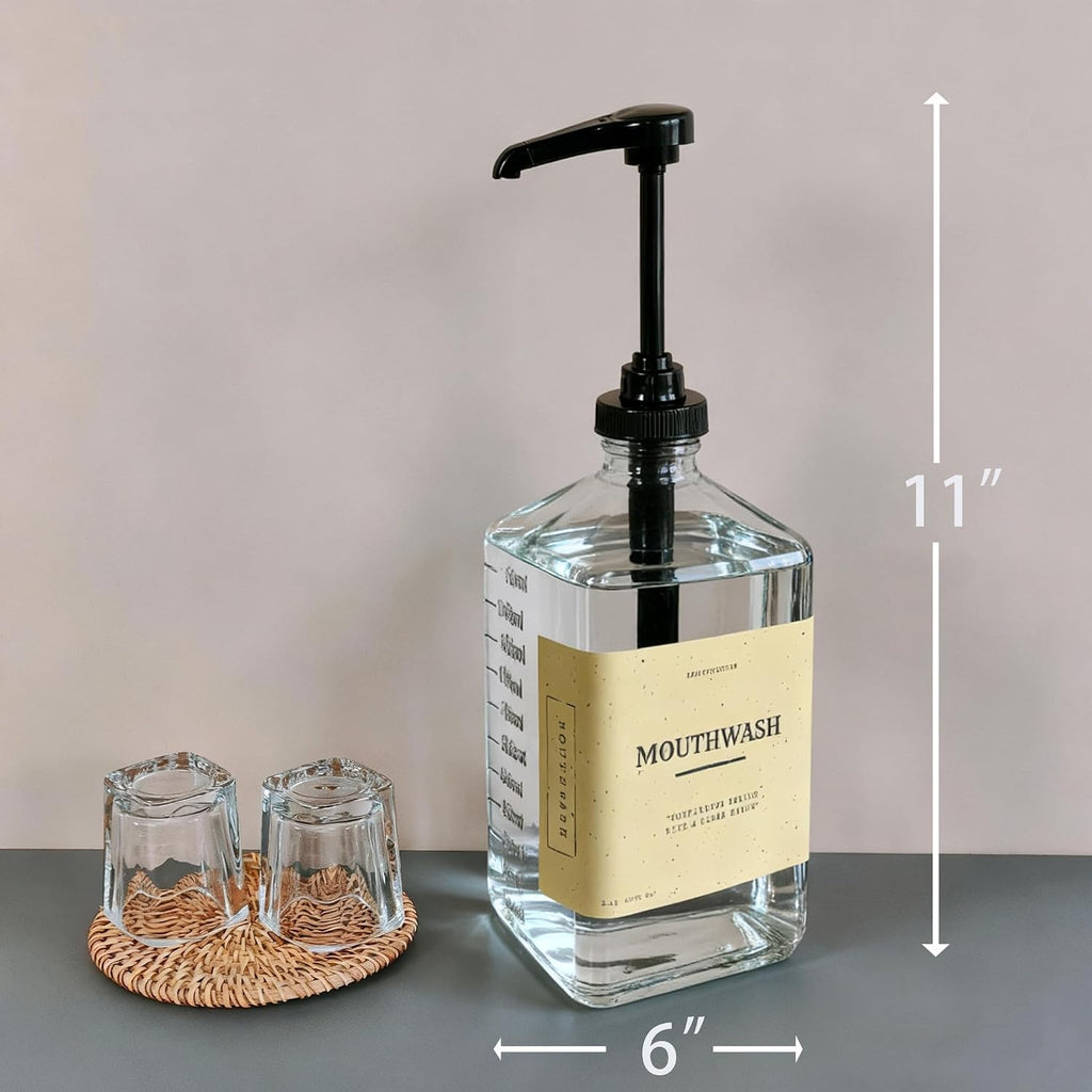 eBun Black Mouthwash Dispenser Set, 37oz Glass Bottle with Pump & Cups