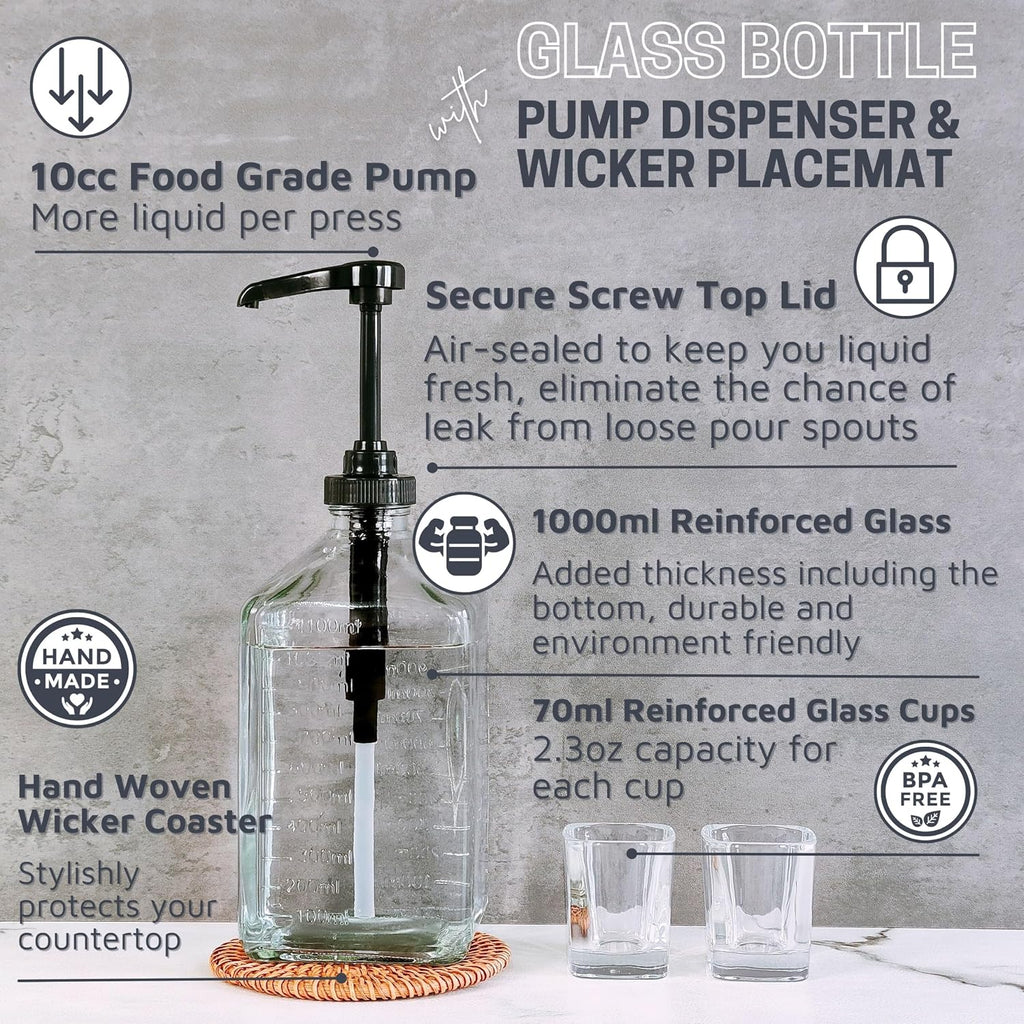 eBun Black Mouthwash Dispenser Set, 37oz Glass Bottle with Pump & Cups