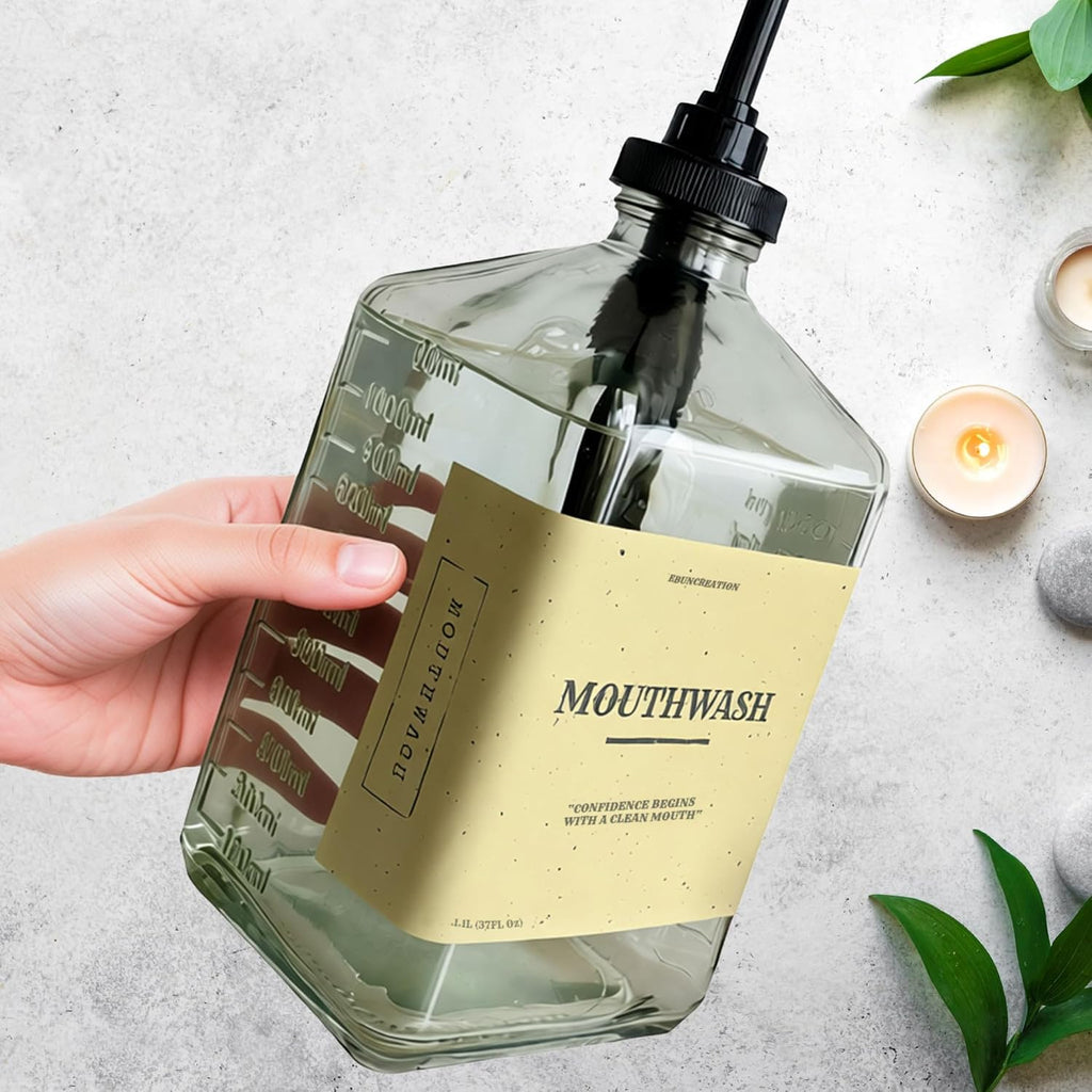 eBun Black Mouthwash Dispenser Set, 37oz Glass Bottle with Pump & Cups