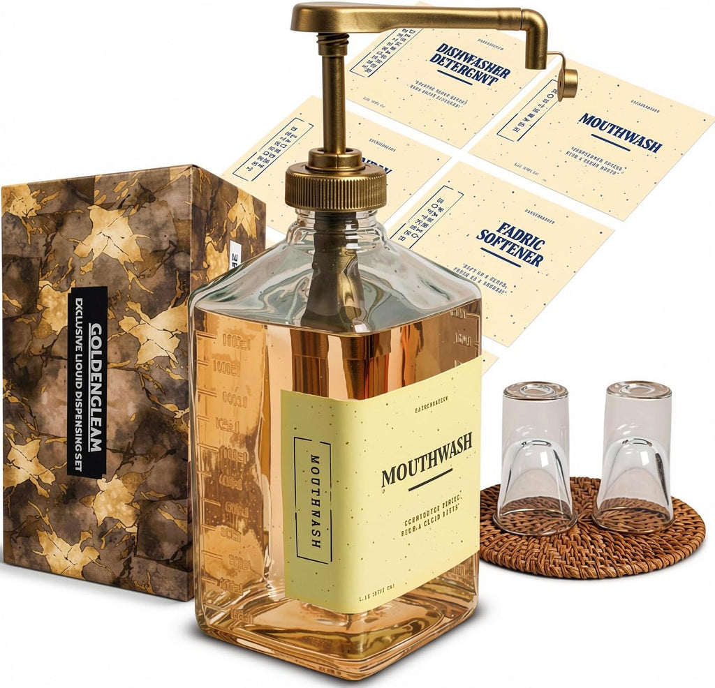 eBun Gold Mouthwash Dispenser Set, 37oz Glass Bottle with Pump & Cups