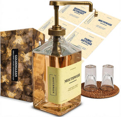 eBun Gold Mouthwash Dispenser Set, 37oz Glass Bottle with Pump & Cups