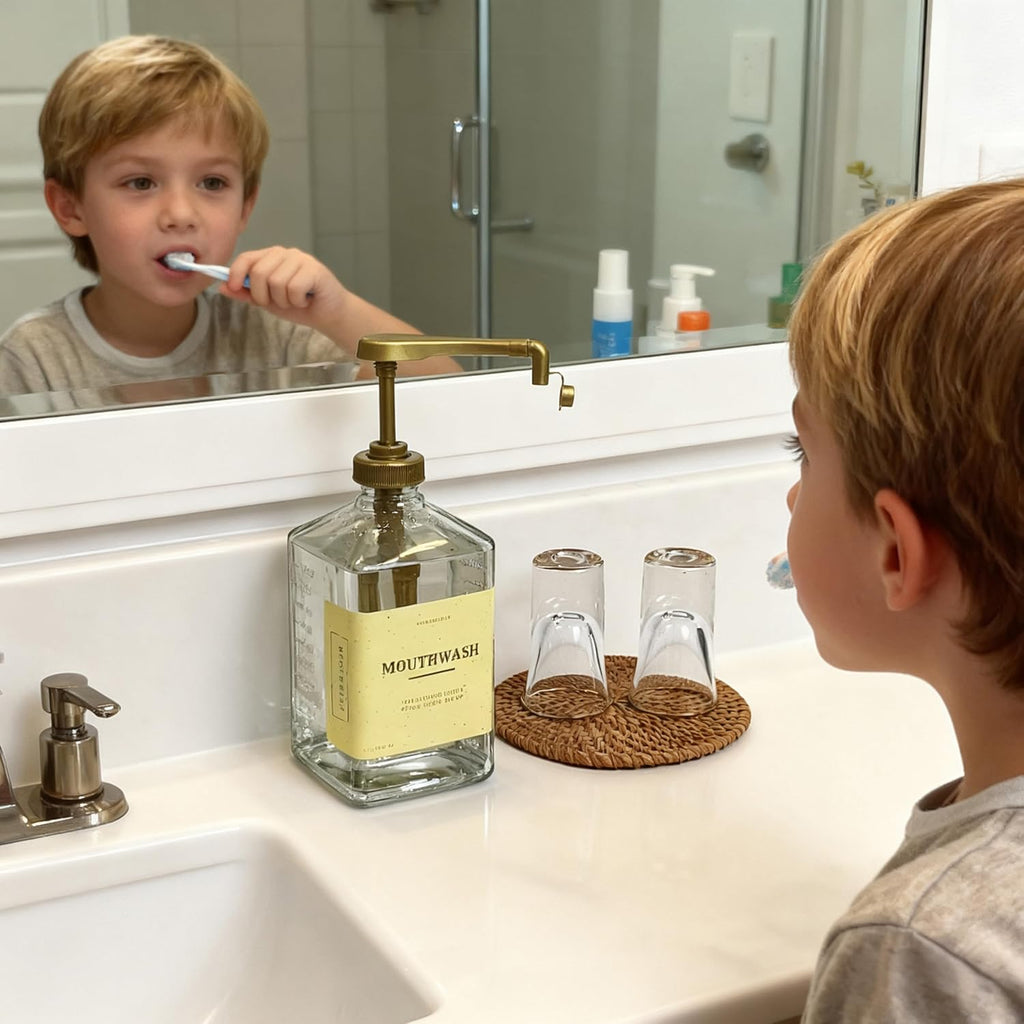 eBun Gold Mouthwash Dispenser Set, 37oz Glass Bottle with Pump & Cups