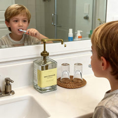eBun Gold Mouthwash Dispenser Set, 37oz Glass Bottle with Pump & Cups