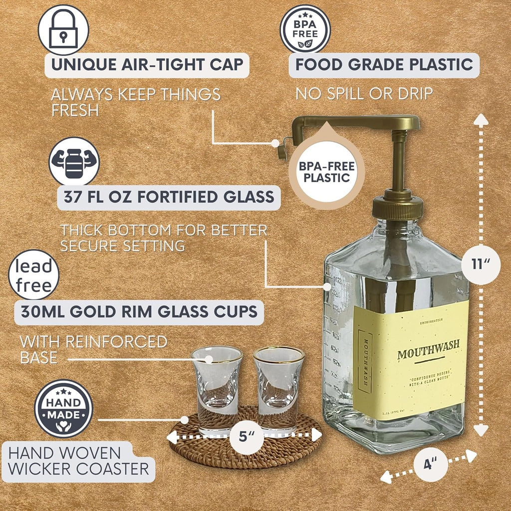 eBun Gold Mouthwash Dispenser Set, 37oz Glass Bottle with Pump & Cups