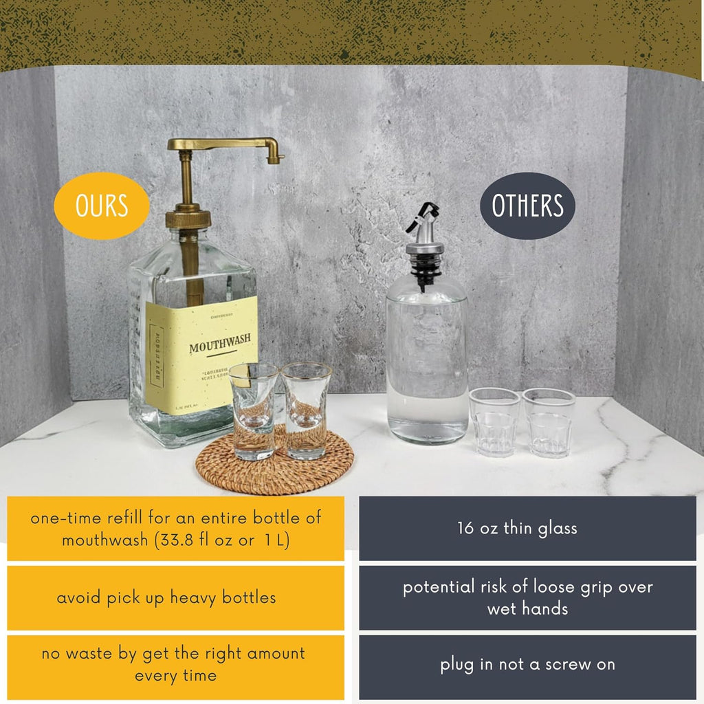 eBun Gold Mouthwash Dispenser Set, 37oz Glass Bottle with Pump & Cups