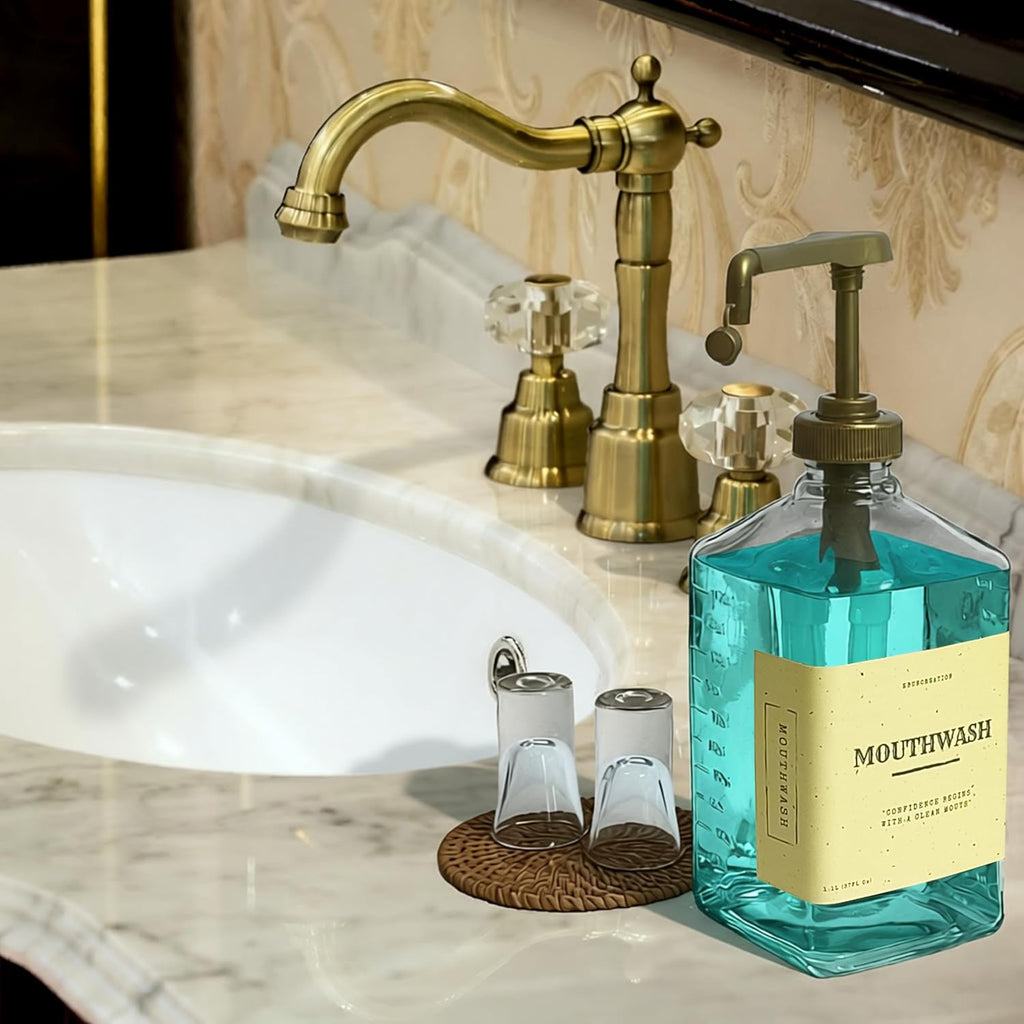 eBun Gold Mouthwash Dispenser Set, 37oz Glass Bottle with Pump & Cups