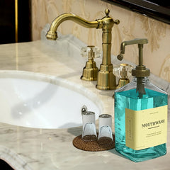 eBun Gold Mouthwash Dispenser Set, 37oz Glass Bottle with Pump & Cups