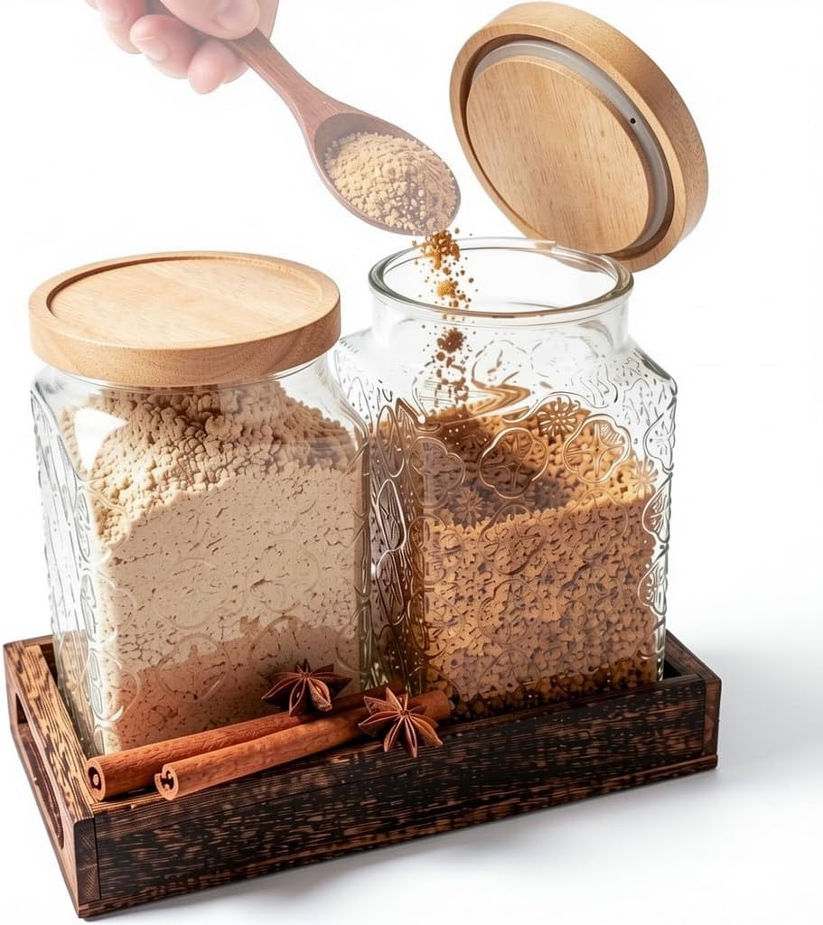 eBun 1900ml Glass Brown Sugar Container 2-Pack, Wood Lids & Tray, 64oz