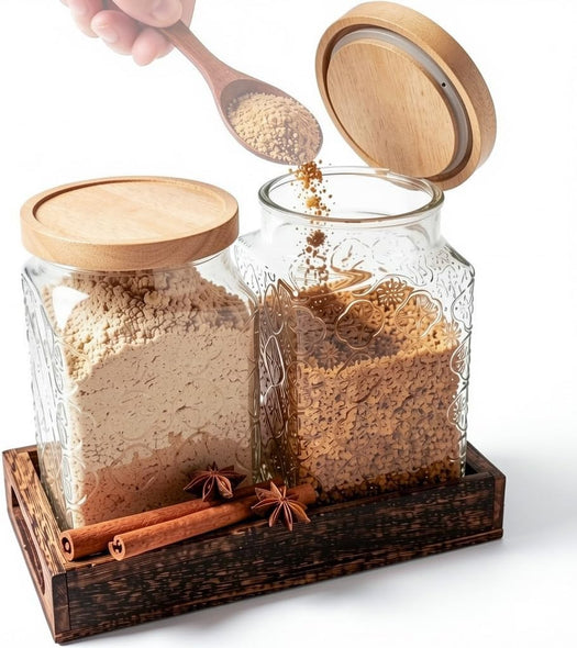 eBun 1900ml Glass Brown Sugar Container 2-Pack, Wood Lids & Tray, 64oz