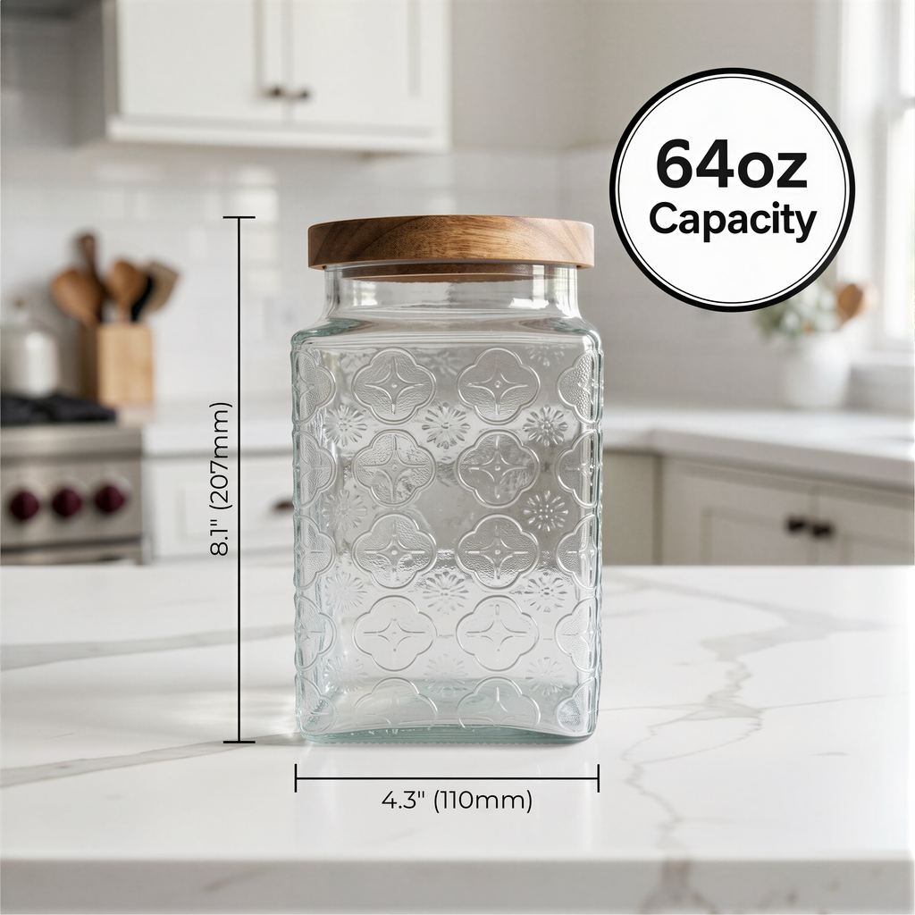 eBun Airtight Brown Sugar Container Set – 64 oz Glass Jars with Wooden Lids & Tray, 2-Pack Half Gallon Kitchen Canisters for Pantry Storage, Flour, Coffee, Tea Organization