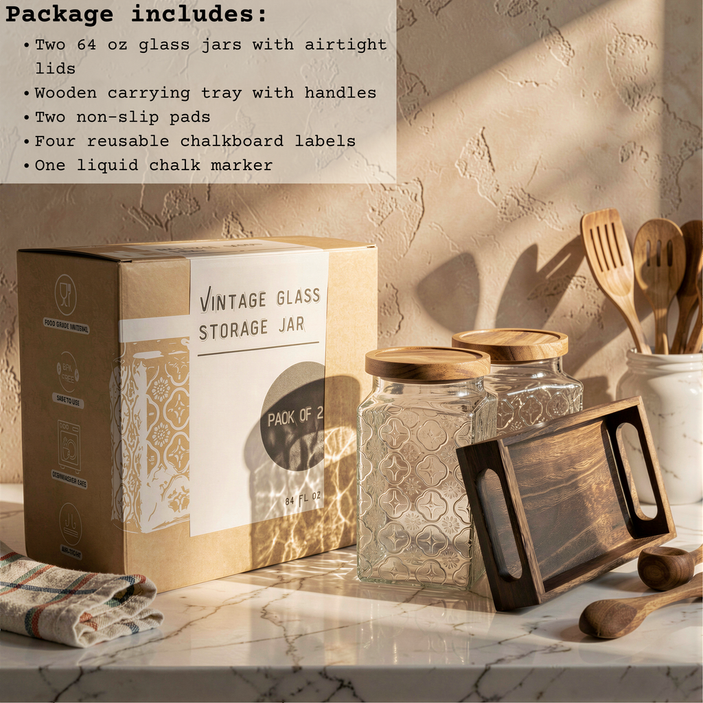 eBun Airtight Brown Sugar Container Set – 64 oz Glass Jars with Wooden Lids & Tray, 2-Pack Half Gallon Kitchen Canisters for Pantry Storage, Flour, Coffee, Tea Organization