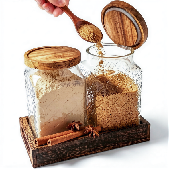 eBun Airtight Brown Sugar Container Set – 64 oz Glass Jars with Wooden Lids & Tray, 2-Pack Half Gallon Kitchen Canisters for Pantry Storage, Flour, Coffee, Tea Organization