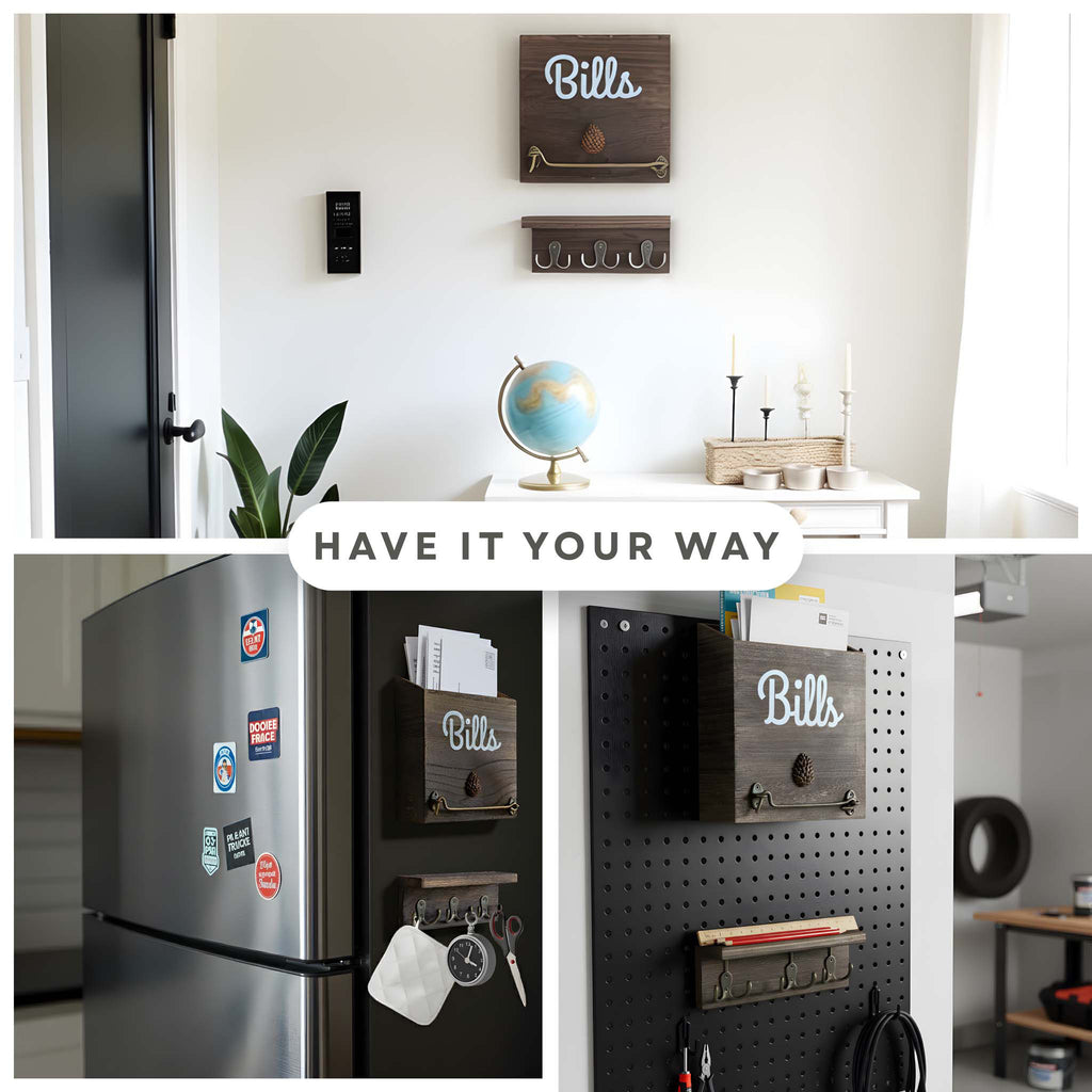 Collage of wall-mounted bill holders with text 'Have it your way' in a kitchen setting.