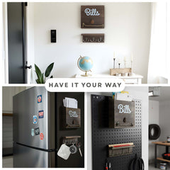 Collage of wall-mounted bill holders with text 'Have it your way' in a kitchen setting.