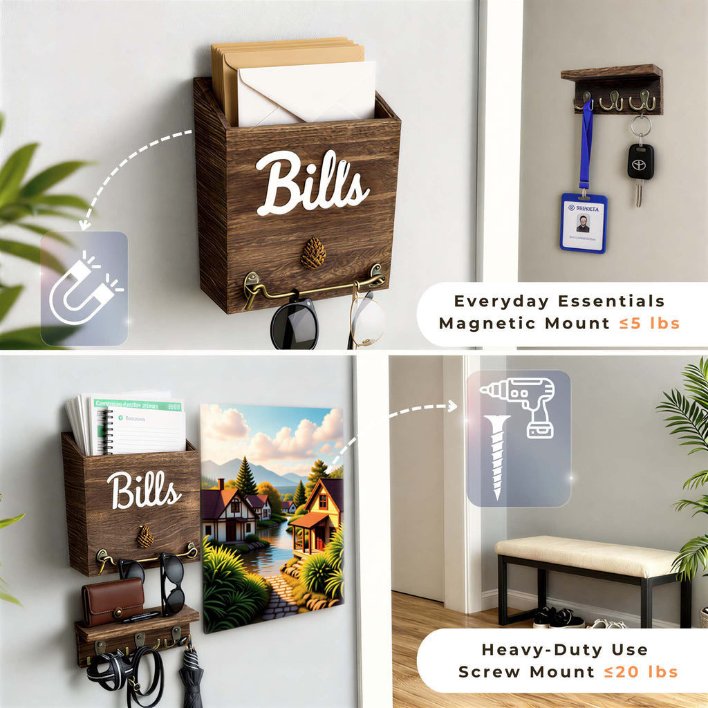 Wooden wall organizer with magnetic and screw mount options, featuring 'Bills' text.