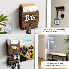 Wooden wall organizer with magnetic and screw mount options, featuring 'Bills' text.