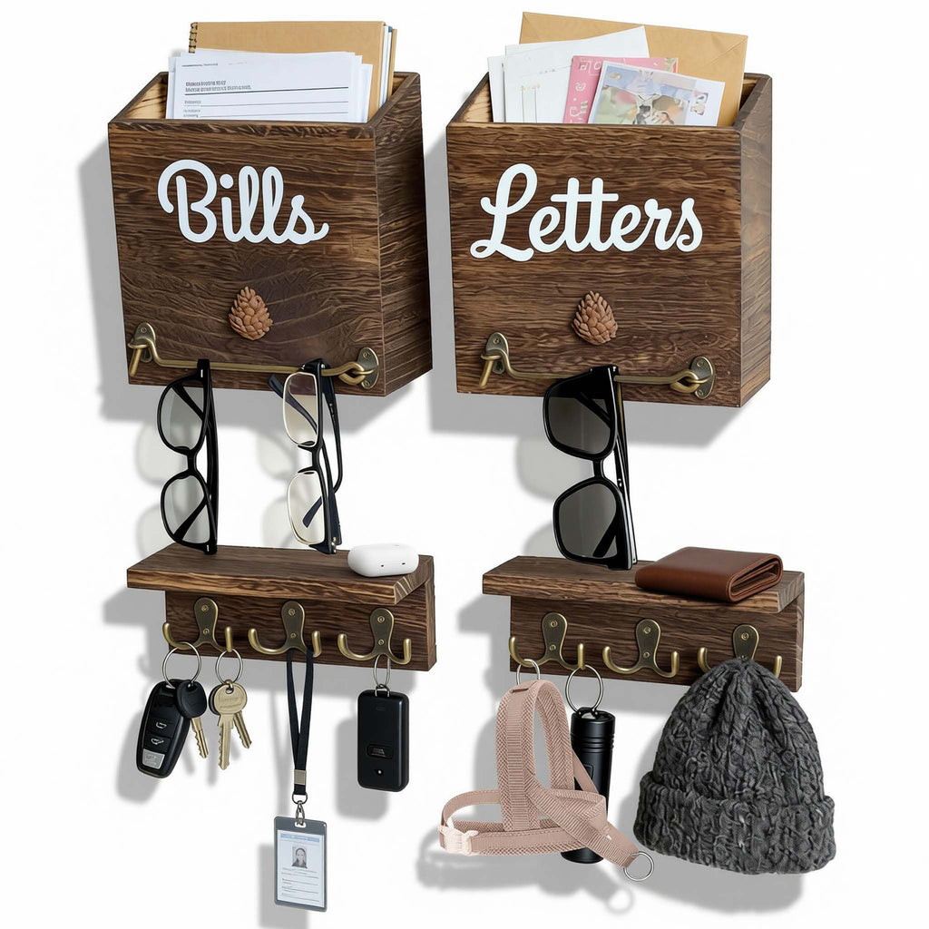 eBun mail organizer with 'Bills' and 'Letters' compartments, key hooks, and storage space.