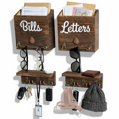 eBun mail organizer with 'Bills' and 'Letters' compartments, key hooks, and storage space.