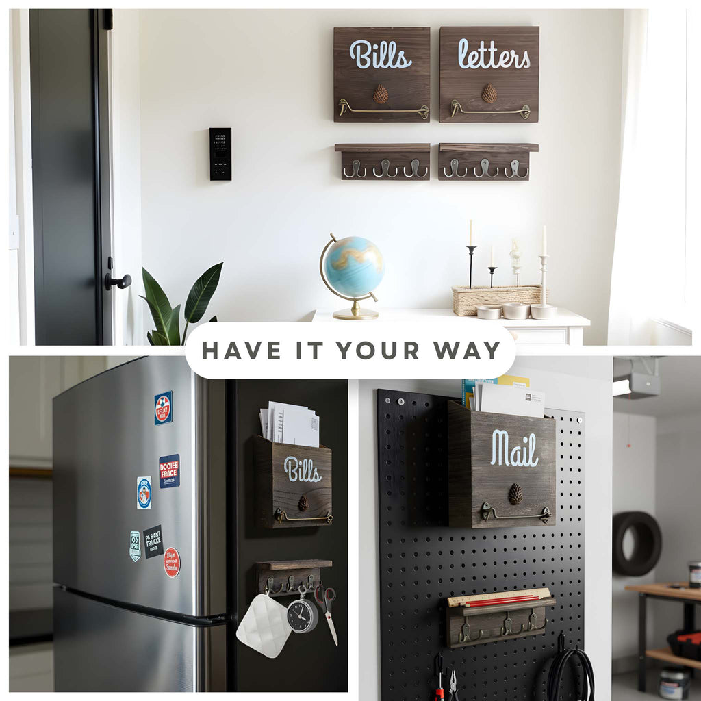 Collage of eBun mail organizer in entryway, next to a refrigerator and pegboard.