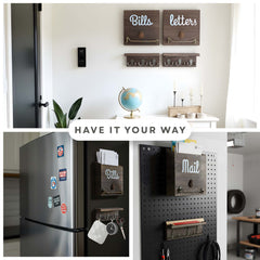 Collage of eBun mail organizer in entryway, next to a refrigerator and pegboard.