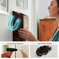 Woman installing eBun mail organizer magnetically.