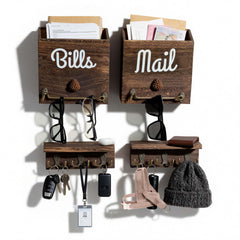 Wooden wall organizer with 'Bills' and 'Mail' compartments, hooks for keys and sunglasses, and shelves for items.