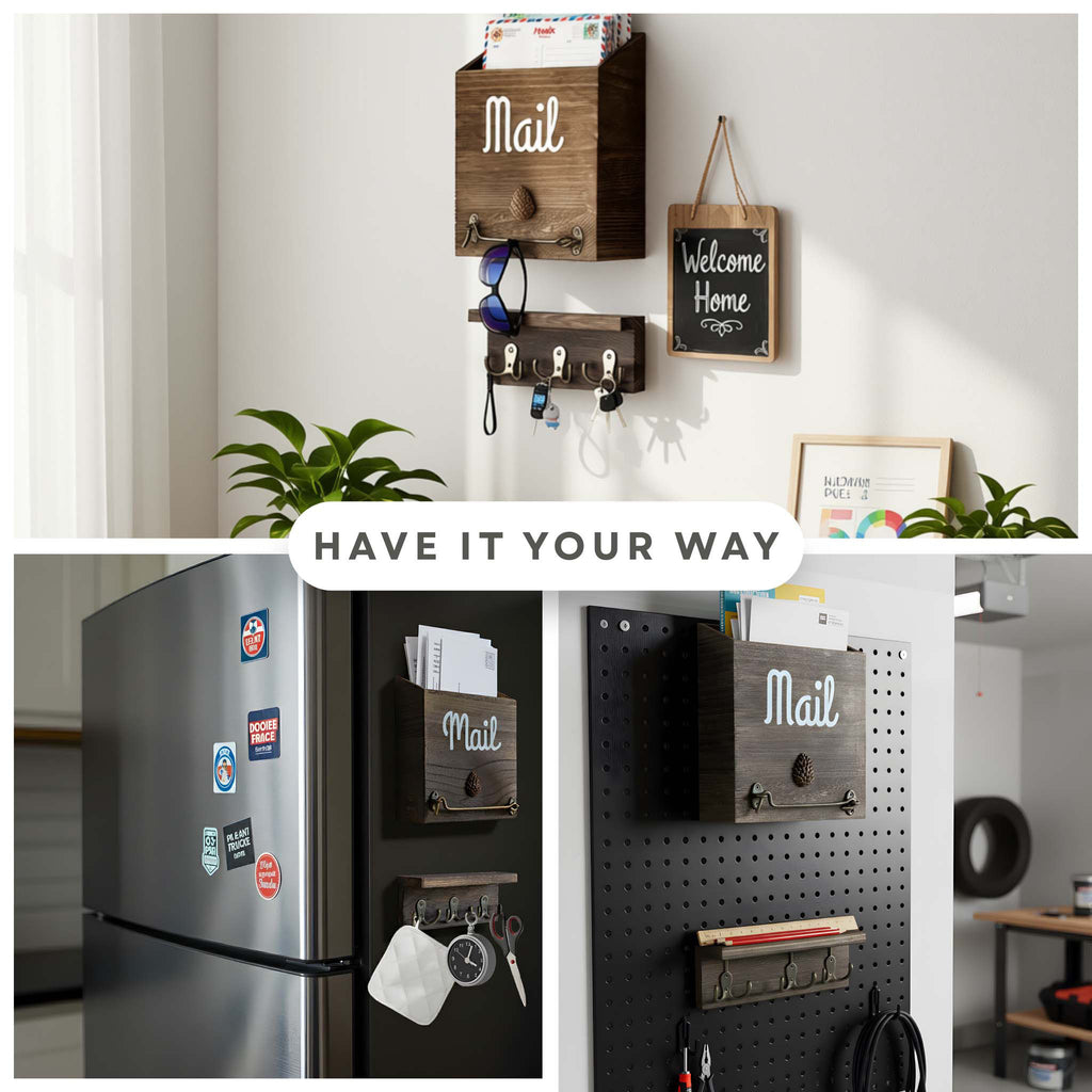 Showing eBun mail organizer wall mounted onto 3 locations with heading have it your way. Mail organizer is mounted in an entryway, next to fridge and on a metal pegboard.