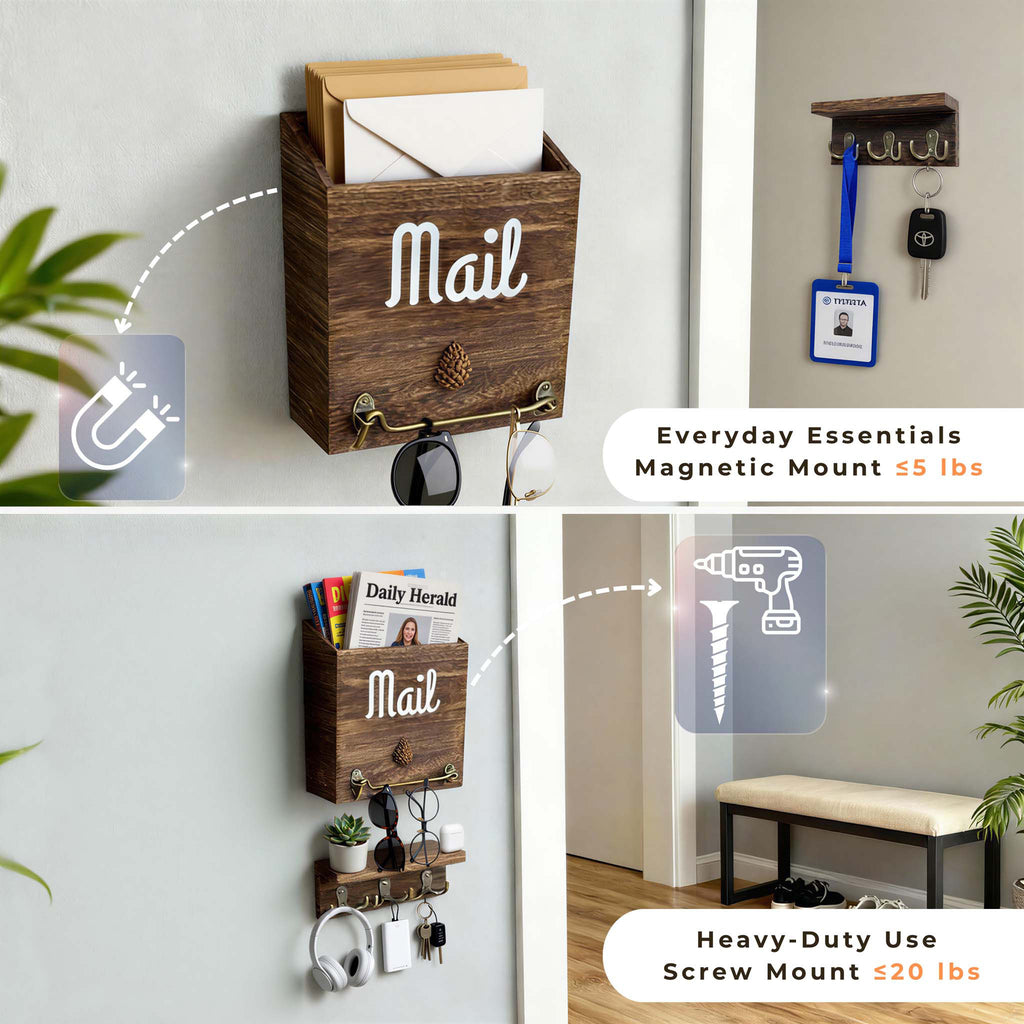 eBun wooden wall-mounted mail organizer with mail slot and hooks, featuring recommended maximum weight capacity for different use cases.