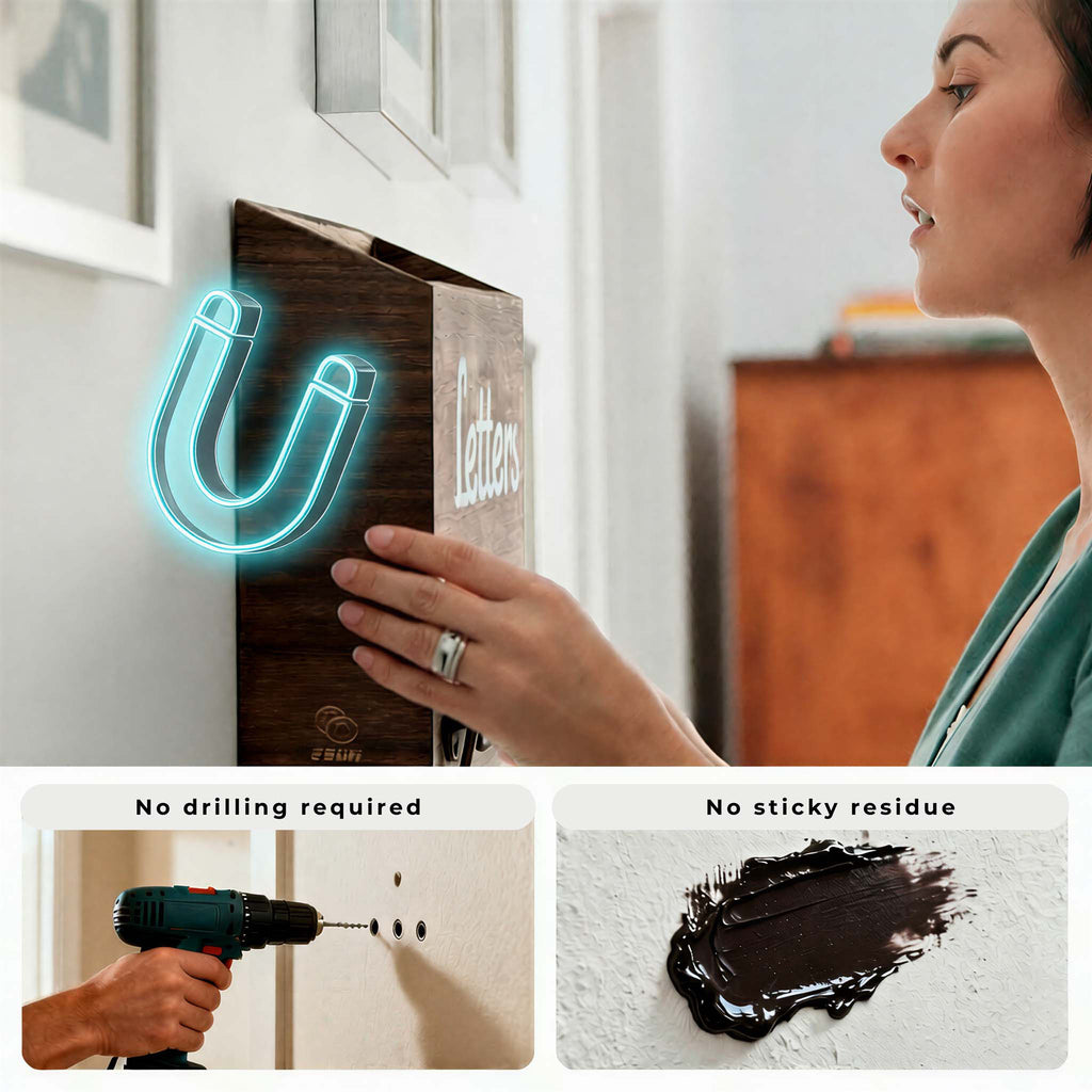 Woman mounting eBun mail organizer onto wall magnetically.