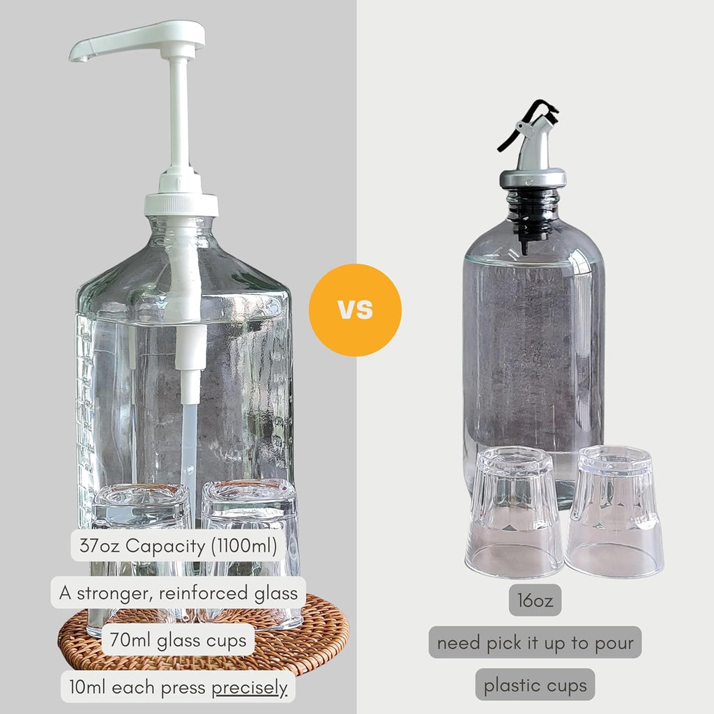 Comparison of eBun mouthwash glass dispenser versus other mouthwash dispensers with different capacities and features, one with a pump and the other with a spout, on a gray background.