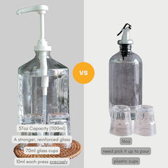 Comparison of eBun mouthwash glass dispenser versus other mouthwash dispensers with different capacities and features, one with a pump and the other with a spout, on a gray background.