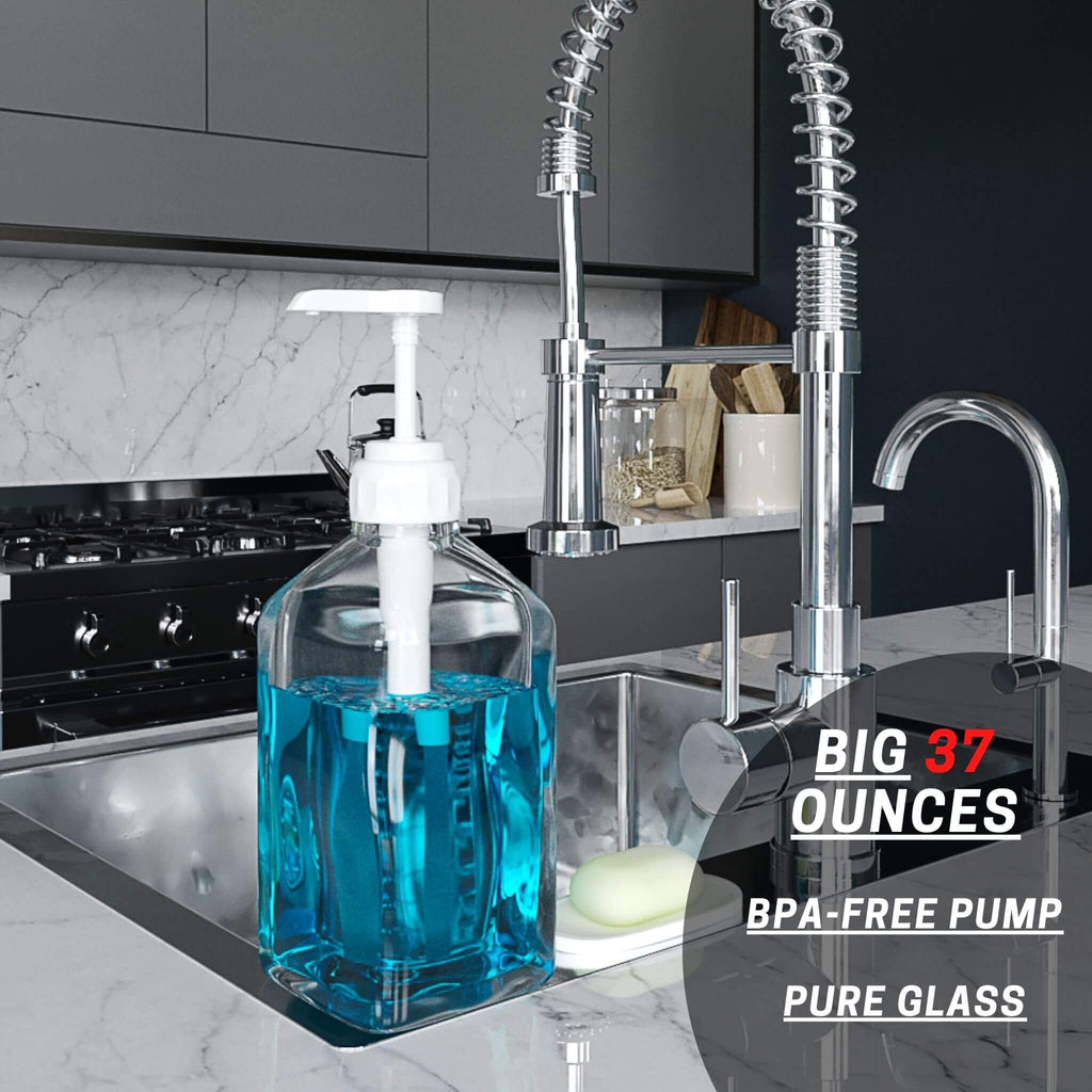 Ebun Mouthwash Dispenser Glass Decanter, 37-ounce Mouth Wash Pump Bottle Caddy, for